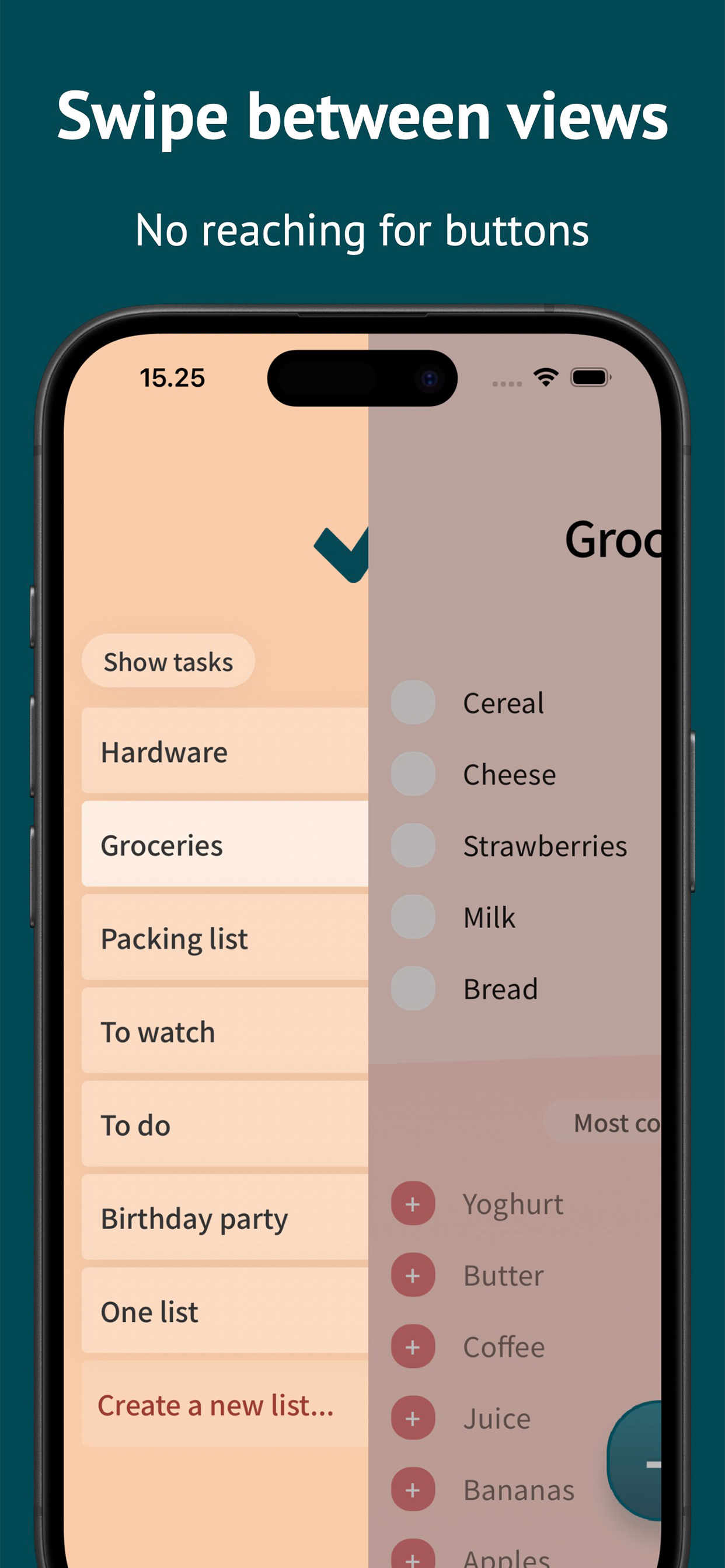 Tasks app swipe between views