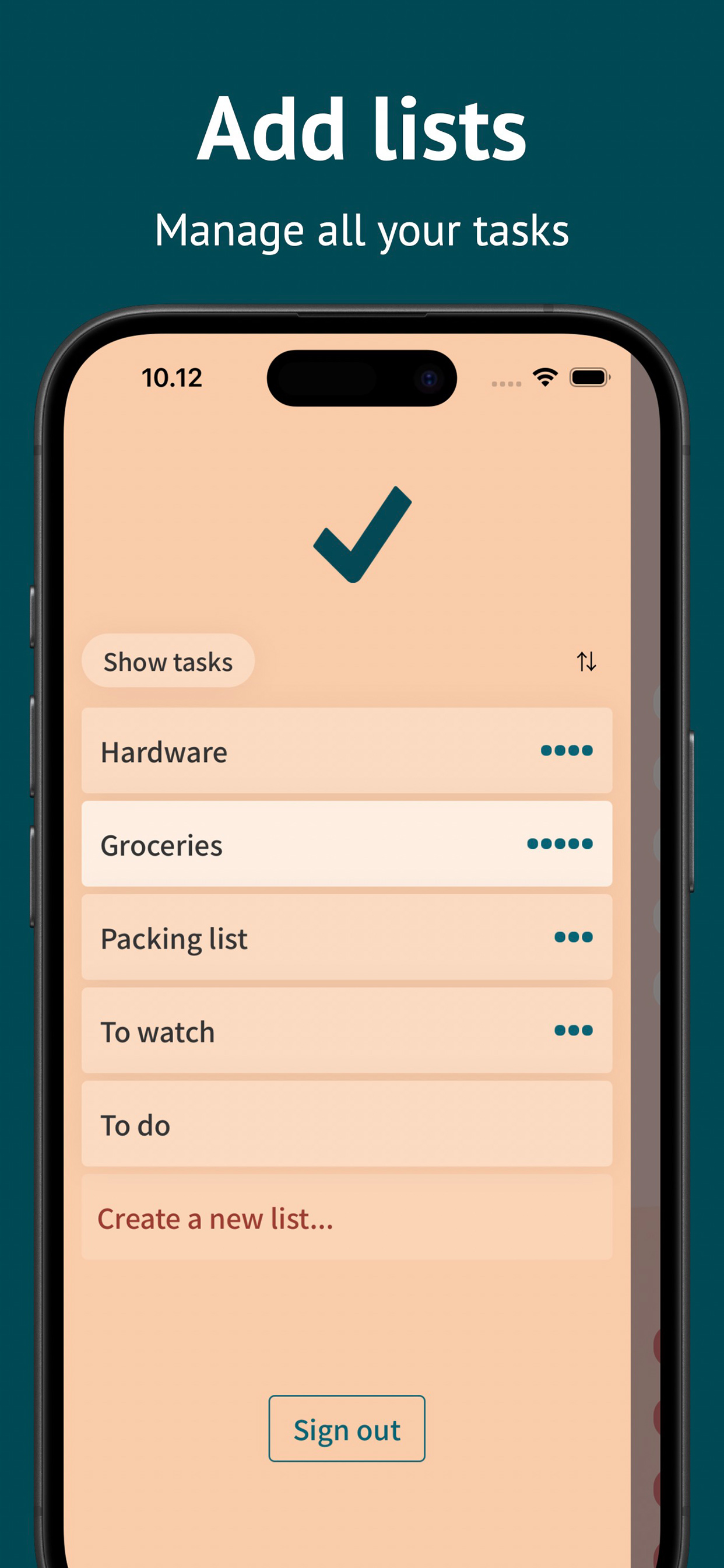 Tasks app list management view